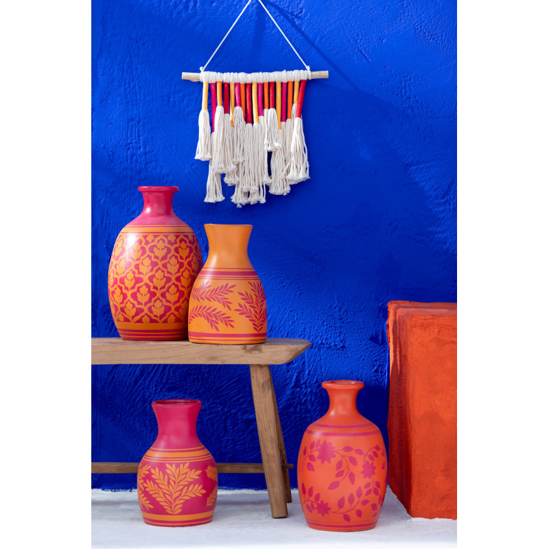 Vase Ovale Hauteur 38 cm en Terre cuite Orange Rose Motif fleurs Campeche - 2