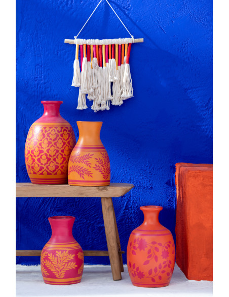 Vase Ovale Hauteur 38 cm en Terre cuite Orange Rose Motif fleurs Campeche - 2