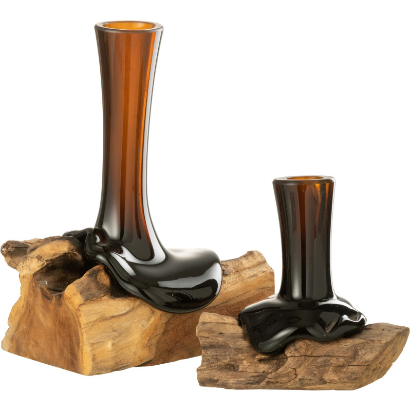 Vase Cylindrique sur pied Hauteur 30 cm en Verre recyclé Marron Bois de gamal Naturel Gamal - 2