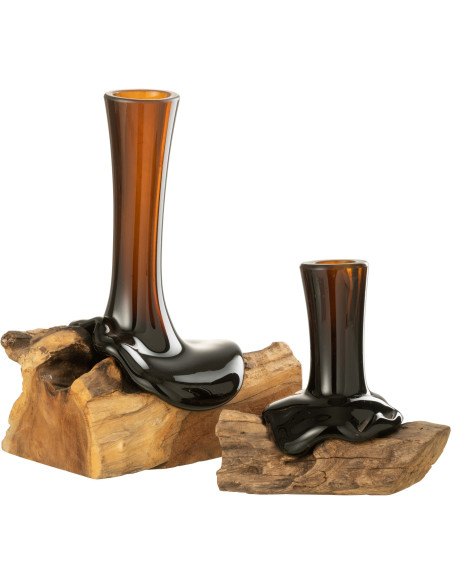 Vase Cylindrique sur pied Hauteur 30 cm en Verre recyclé Marron Bois de gamal Naturel Gamal - 2