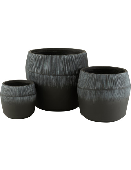 Cache-pot Rond Haut XL en Argile Noir Motif stries Komakio (Lot de 3) - 1