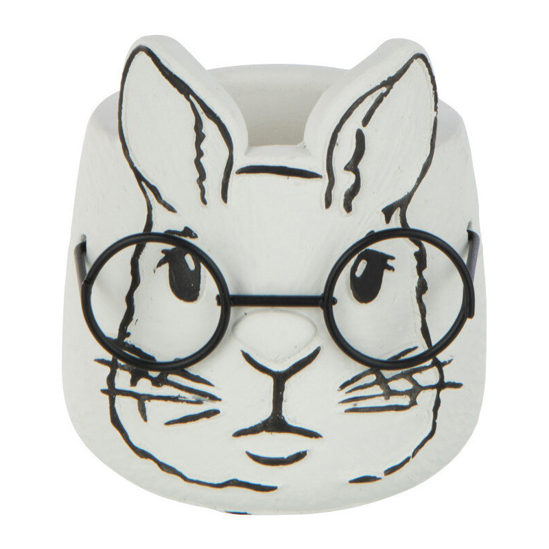 Cache-pot Rond Lapin avec lunettes Diamètre 9 cm en Ciment Blanc Noir Jeannot - 1