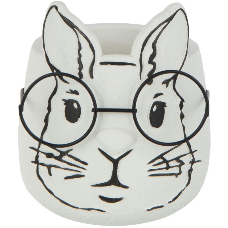 Cache-pot Rond Lapin avec lunettes Diamètre 12 cm en Ciment Blanc Noir Jeannot - 1