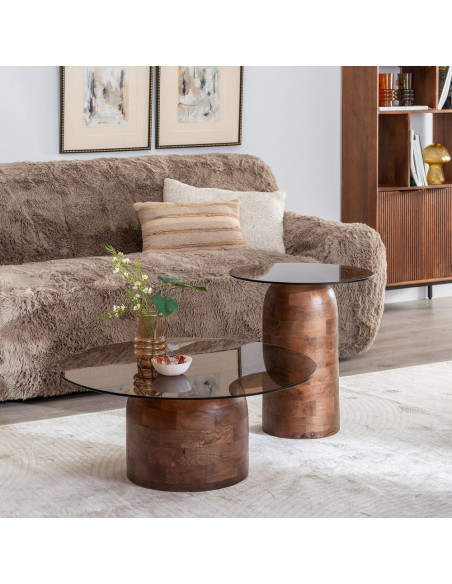 Table basse moderne Ronde en Bois de manguier Verre Transparent Miel Xiara - 2