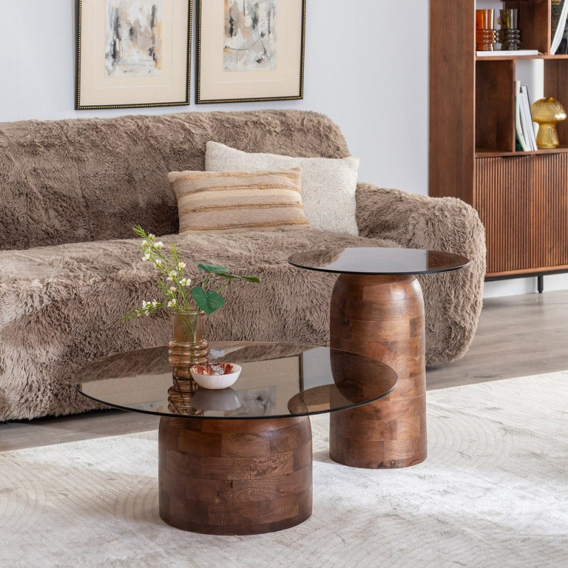 Table d'appoint moderne Ronde en Bois de manguier Verre Transparent Miel Xiara - 2