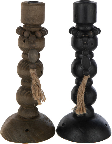 Bougeoir Pilier Hauteur 29 cm en Bois de pin Métal Noir Marron Boulino (Lot de 2)