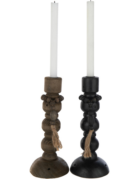 Bougeoir Pilier Hauteur 29 cm en Bois de pin Métal Noir Marron Boulino (Lot de 2)