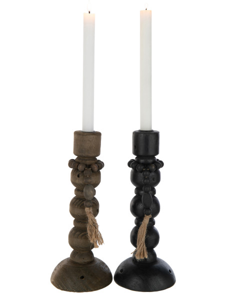 Bougeoir Pilier Hauteur 29 cm en Bois de pin Métal Noir Marron Boulino (Lot de 2)