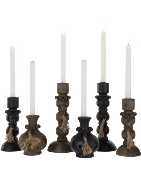 Bougeoir Pilier Hauteur 29 cm en Bois de pin Métal Noir Marron Boulino (Lot de 2)
