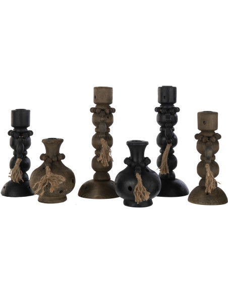 Bougeoir Pilier Hauteur 29 cm en Bois de pin Métal Noir Marron Boulino (Lot de 2)