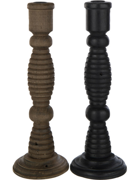 Bougeoir Pilier XL Hauteur 35 cm en Bois de pin Métal Noir Marron Flin (Lot de 2) - 1