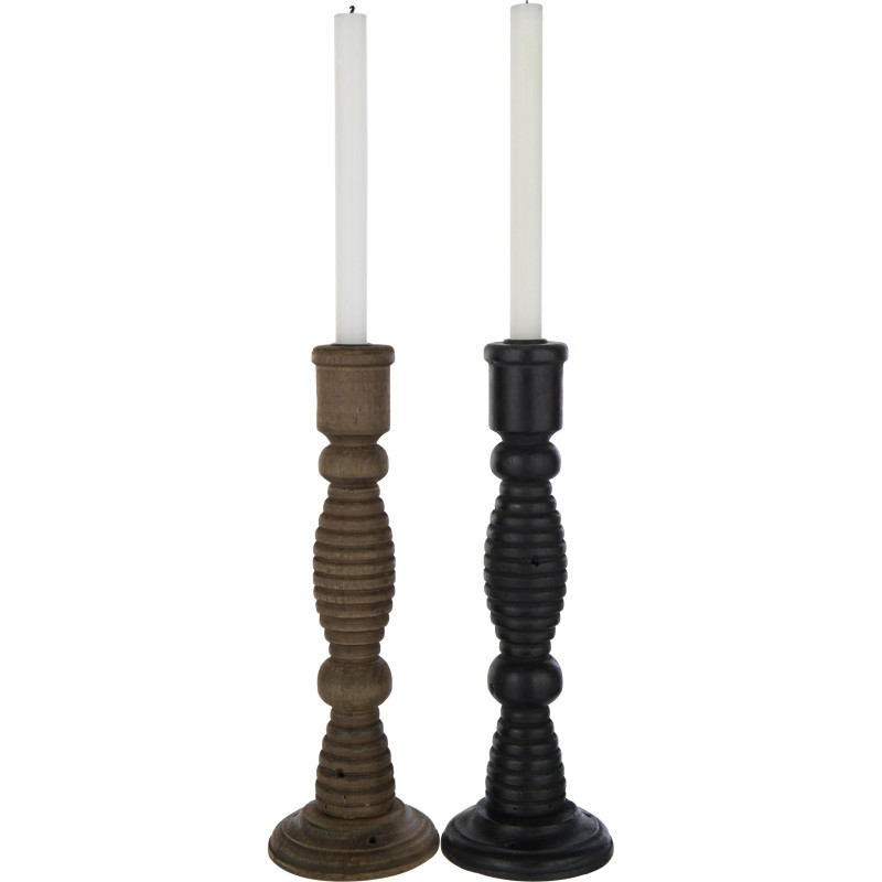 Bougeoir Pilier XL Hauteur 35 cm en Bois de pin Métal Noir Marron Flin (Lot de 2) - 3