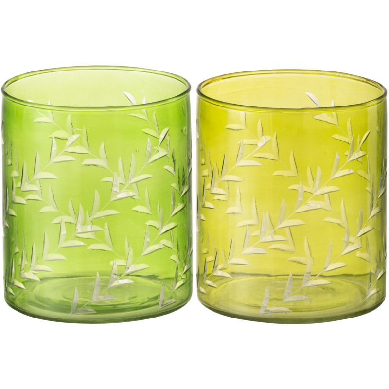 Photophore Cylindrique Diamètre 9 cm en Verre Vert Motif feuilles Roman (Lot de 2) - 1