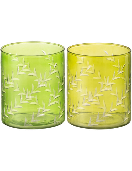 Photophore Cylindrique Diamètre 9 cm en Verre Vert Motif feuilles Roman (Lot de 2) - 1