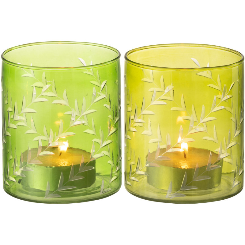 Photophore Cylindrique Diamètre 9 cm en Verre Vert Motif feuilles Roman (Lot de 2) - 3
