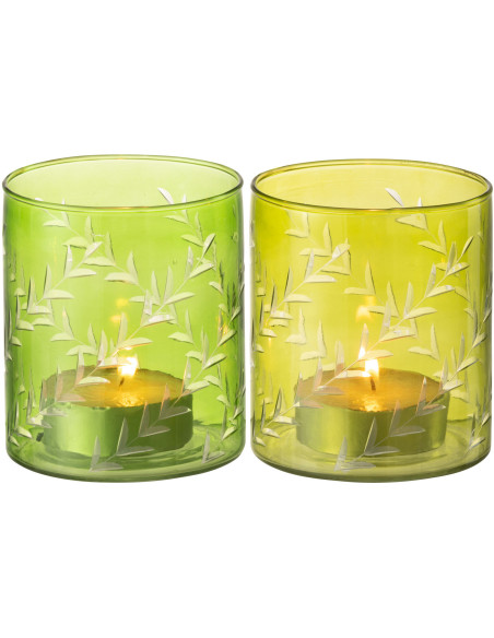 Photophore Cylindrique Diamètre 9 cm en Verre Vert Motif feuilles Roman (Lot de 2) - 3