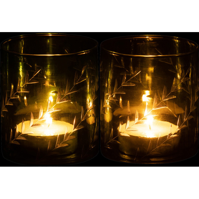 Photophore Cylindrique Diamètre 9 cm en Verre Vert Motif feuilles Roman (Lot de 2) - 4