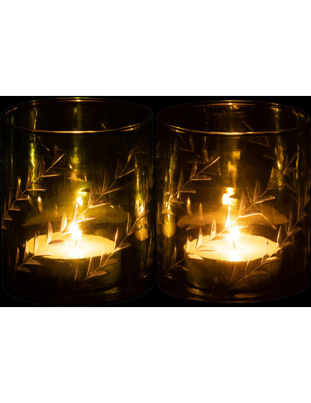 Photophore Cylindrique Diamètre 9 cm en Verre Vert Motif feuilles Roman (Lot de 2) - 4