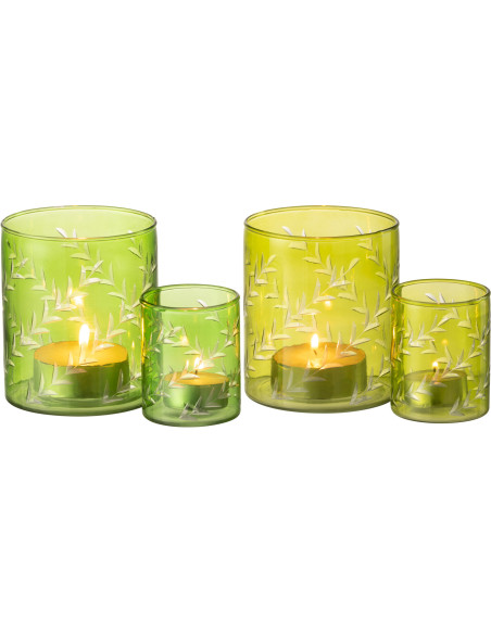 Photophore Cylindrique Diamètre 9 cm en Verre Vert Motif feuilles Roman (Lot de 2) - 6