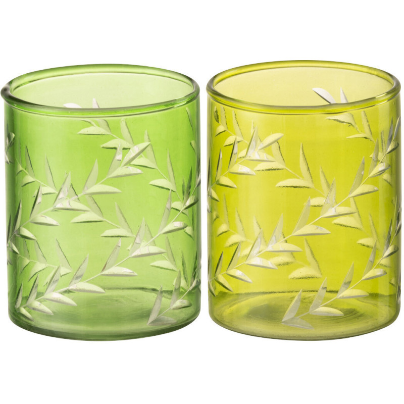 Photophore Cylindrique Diamètre 7 cm en Verre Vert Motif feuilles Roman (Lot de 2) - 1