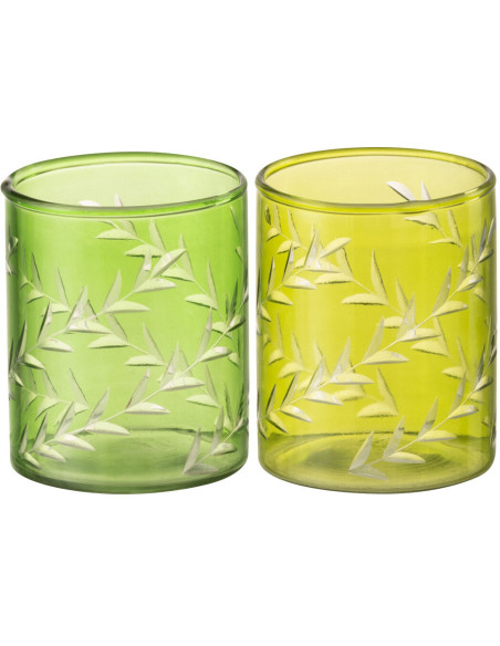 Photophore Cylindrique Diamètre 7 cm en Verre Vert Motif feuilles Roman (Lot de 2) - 1