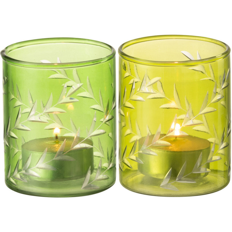 Photophore Cylindrique Diamètre 7 cm en Verre Vert Motif feuilles Roman (Lot de 2) - 3
