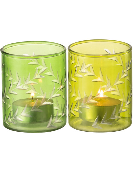 Photophore Cylindrique Diamètre 7 cm en Verre Vert Motif feuilles Roman (Lot de 2) - 3