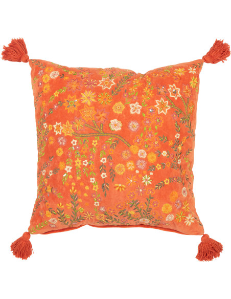 Coussin Carré 45x45 en Velours Orange avec pompons Motif fleurs multicolores Zocalo - 1