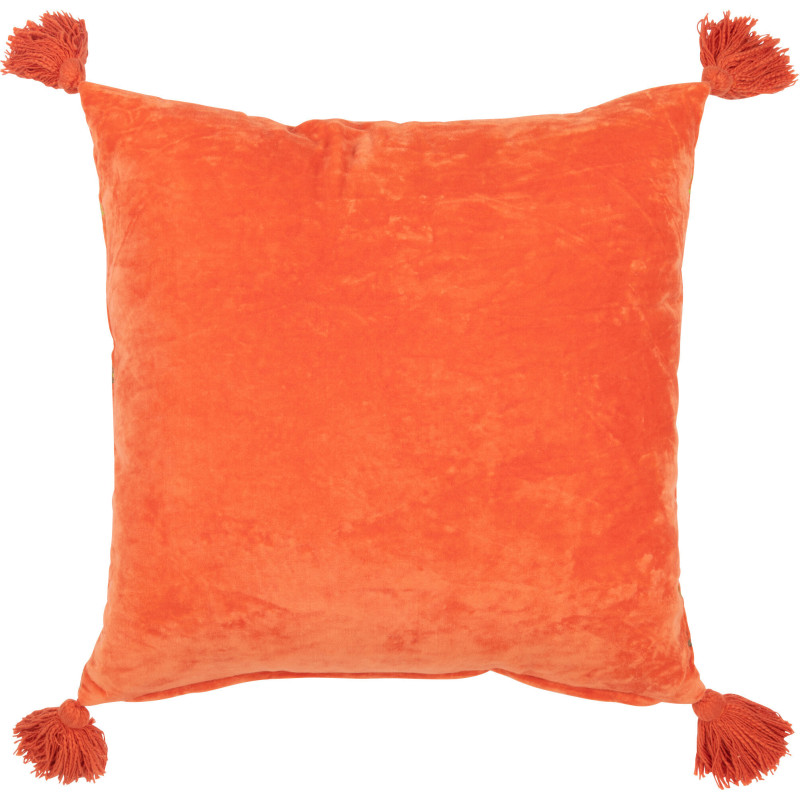 Coussin Carré 45x45 en Velours Orange avec pompons Motif fleurs multicolores Zocalo - 2
