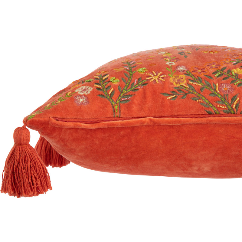 Coussin Carré 45x45 en Velours Orange avec pompons Motif fleurs multicolores Zocalo - 3