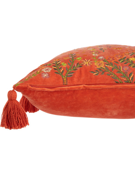Coussin Carré 45x45 en Velours Orange avec pompons Motif fleurs multicolores Zocalo - 3
