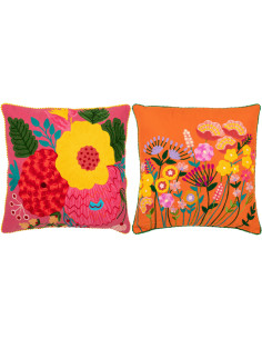 Coussin Carré 45x45 en Coton Polyester Orange Rose Motif fleurs multicolores Anahi (Lot de 2) - 1