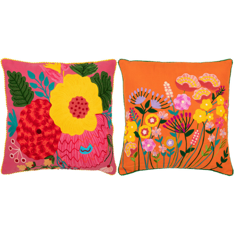 Coussin Carré 45x45 en Coton Polyester Orange Rose Motif fleurs multicolores Anahi (Lot de 2) - 1