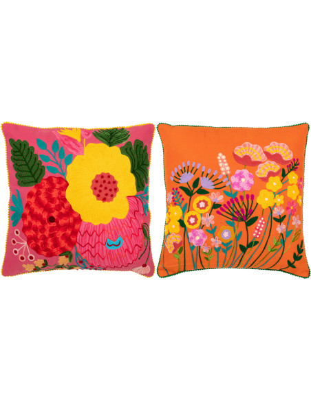 Coussin Carré 45x45 en Coton Polyester Orange Rose Motif fleurs multicolores Anahi (Lot de 2) - 1