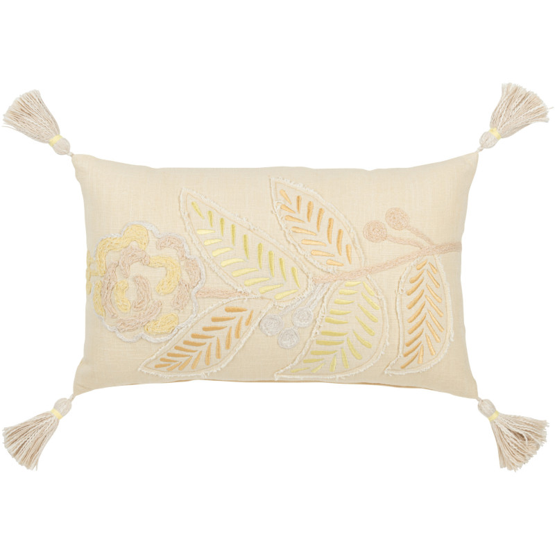 Coussin Rectangulaire 50x30 en Coton Beige Jaune avec pompons Motif fleur Fleurio - 1