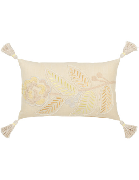 Coussin Rectangulaire 50x30 en Coton Beige Jaune avec pompons Motif fleur Fleurio - 1