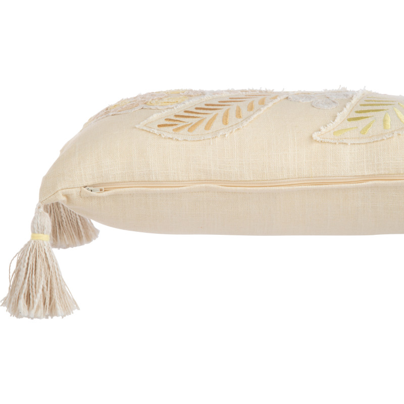 Coussin Rectangulaire 50x30 en Coton Beige Jaune avec pompons Motif fleur Fleurio - 3