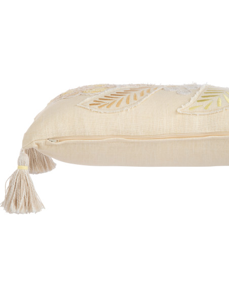 Coussin Rectangulaire 50x30 en Coton Beige Jaune avec pompons Motif fleur Fleurio - 3
