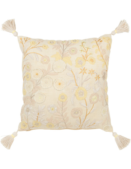 Coussin Carré 45x45 en Coton Beige Jaune avec pompons Motif fleur Fleurio - 1