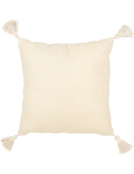 Coussin Carré 45x45 en Coton Beige Jaune avec pompons Motif fleur Fleurio - 2