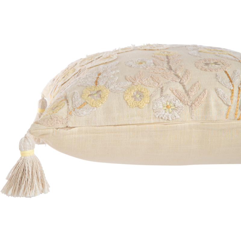 Coussin Carré 45x45 en Coton Beige Jaune avec pompons Motif fleur Fleurio - 3