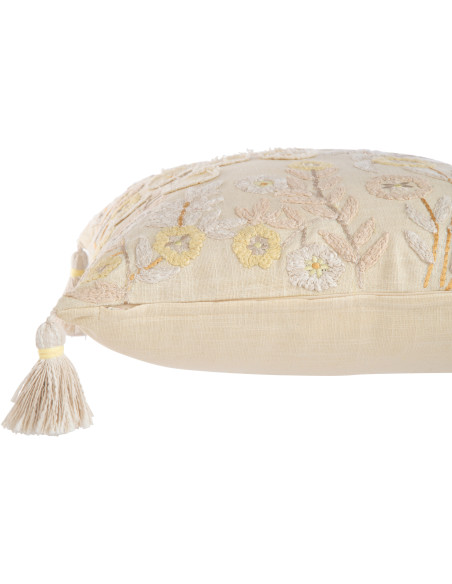 Coussin Carré 45x45 en Coton Beige Jaune avec pompons Motif fleur Fleurio - 3