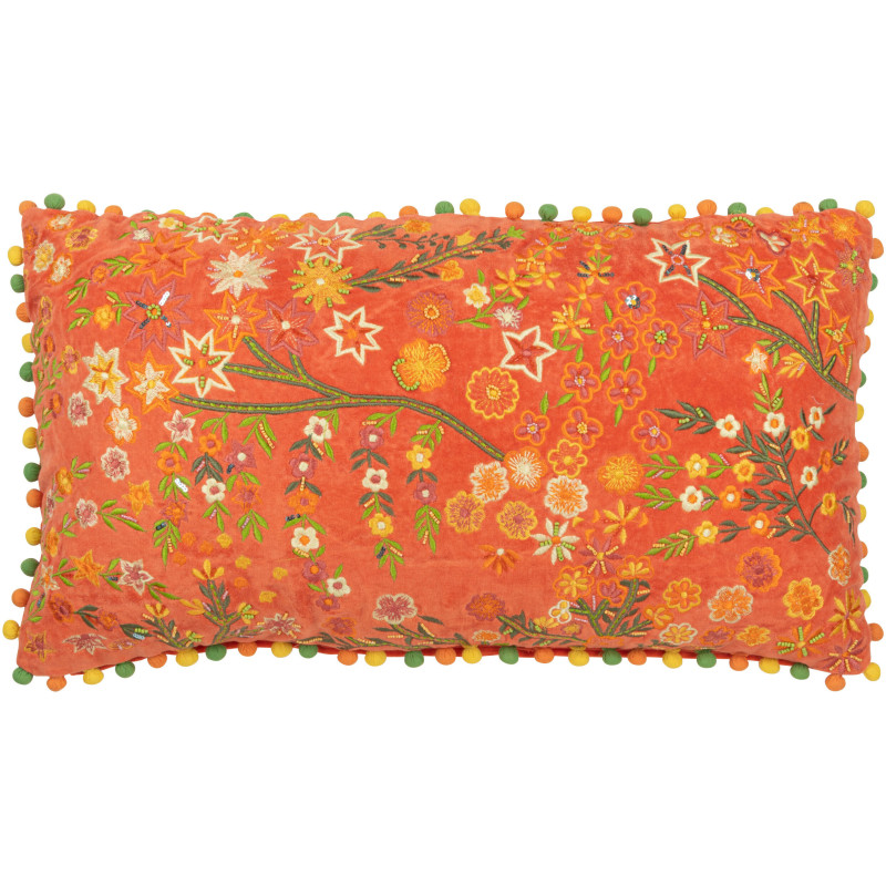 Coussin Rectangulaire 65x35 en Velours Orange avec pompons Motif fleurs multicolores Zocalo - 1