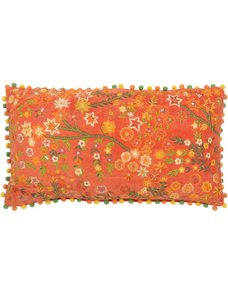Coussin Rectangulaire 65x35 en Velours Orange avec pompons Motif fleurs multicolores Zocalo - 1