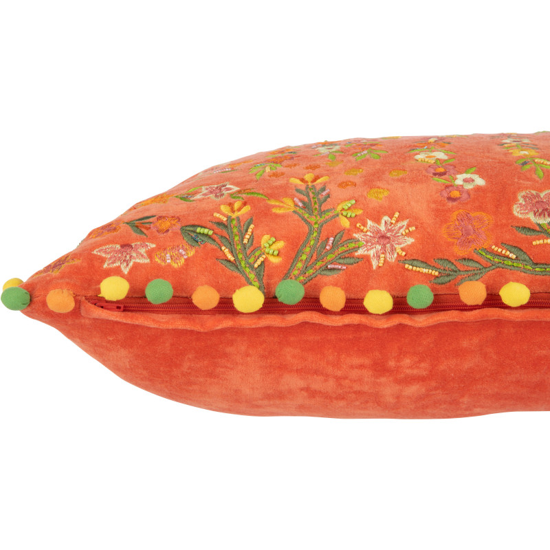 Coussin Rectangulaire 65x35 en Velours Orange avec pompons Motif fleurs multicolores Zocalo - 3