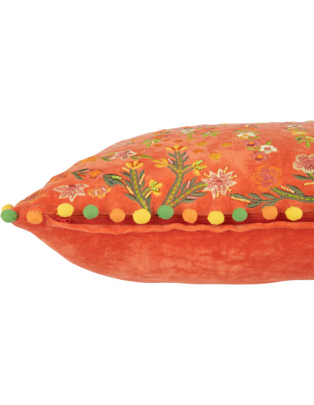 Coussin Rectangulaire 65x35 en Velours Orange avec pompons Motif fleurs multicolores Zocalo - 3