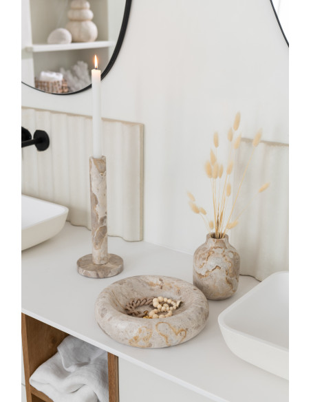 Bougeoir Cylindrique sur pied Diamètre 12 cm en Marbre Beige Tasoz (Lot de 3) - 2