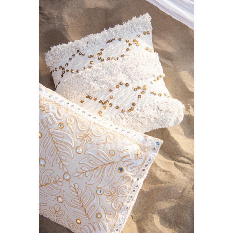 Coussin Carré 45x45 en Coton Blanc Sequin Doré avec franges Motif tufté Zecchino - 2
