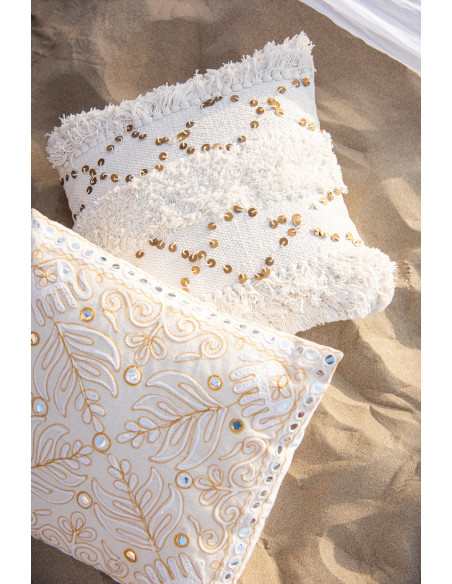 Coussin Carré 45x45 en Coton Blanc Sequin Doré avec franges Motif tufté Zecchino - 2