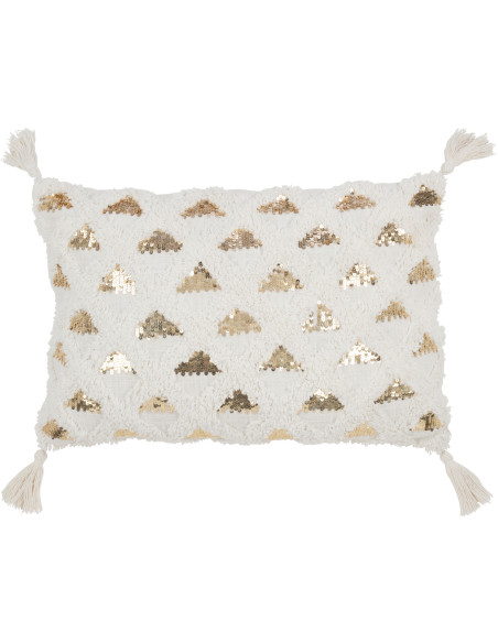 Coussin Rectangulaire 60x40 en Coton Blanc Sequin Doré avec pompons Motif tufté Ducato - 1